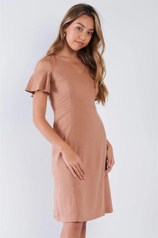 Nude V-neck Linen Cold Shoulder Sun Dress /1-2-2-1 - Tasha Apparel Wholesale