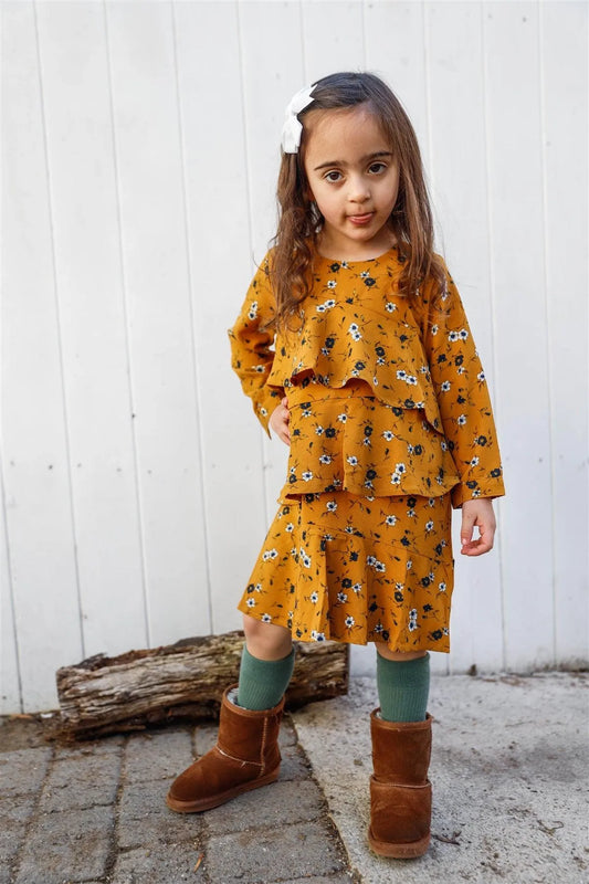Toddler Girls Mustard Floral Print Ruffle Dress /1-2-1 - Tasha Apparel Wholesale