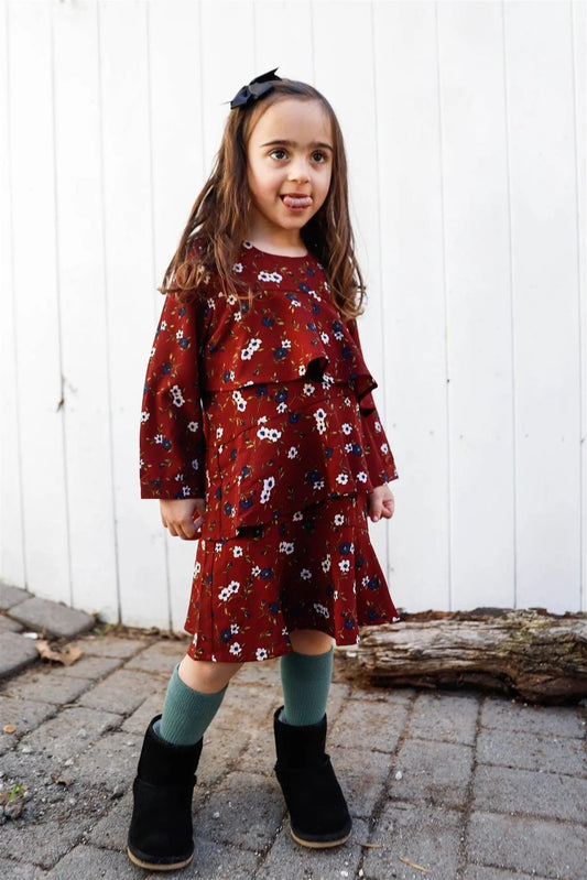 Toddler Little Girls Wine Floral Print Ruffle Dress - Tasha Apparel Wholesale
