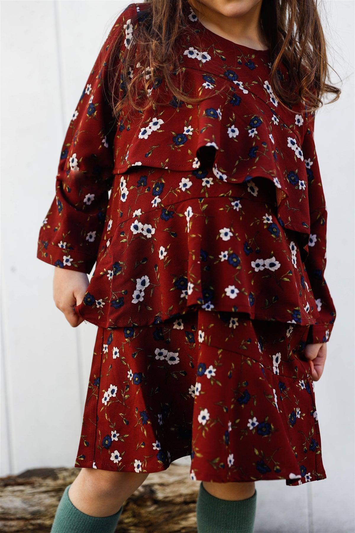 Toddler Girls Wine Floral Print Ruffle Dress /2-2-2-2