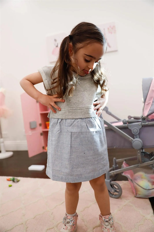 Toddler Girls Heather Grey Cotton & Linen Blend Top & Stripe Hem Dress /2-2-2 - Tasha Apparel Wholesale