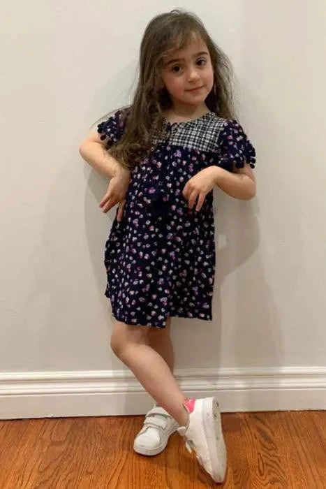 Toddler Girls Navy Floral & Plaid Print Colorblock Trim Detail Sleeve Dress /2-1-2-1 - Tasha Apparel Wholesale