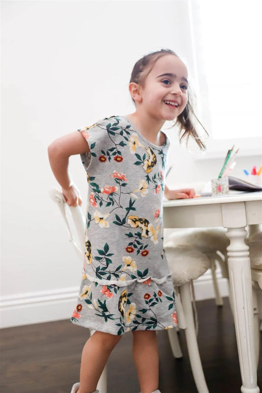 Toddler Girls Grey Floral Print Cotton Ruffle Hem Dress /1-1-1-1 - Tasha Apparel Wholesale