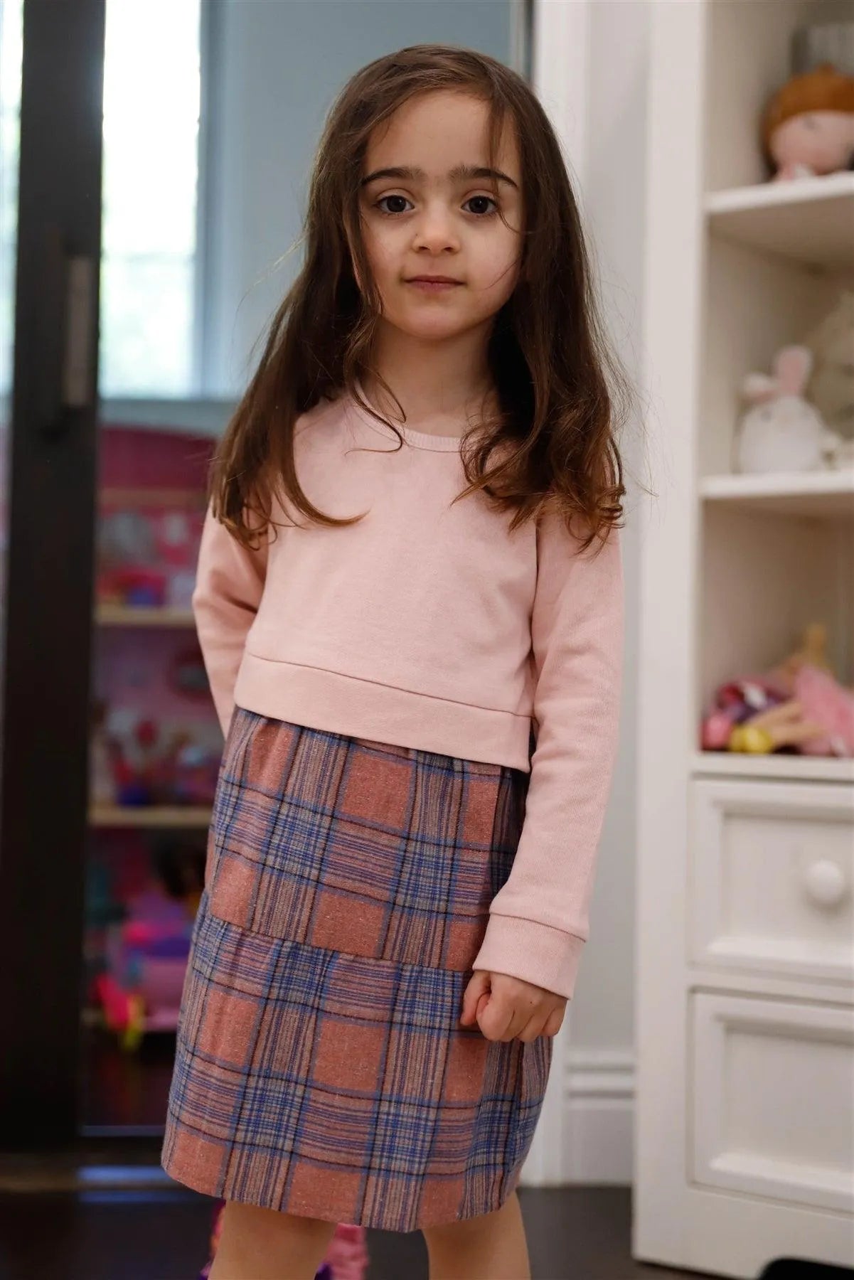 Girls Dusty Rose Plaid Colorblock Long Sleeve Dress /1-2-3