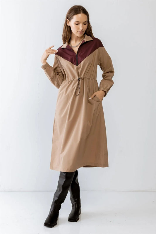 Coffee & Purple Detail Front Zip-Up Closure Two Pocket Midi Dress /1-2-2-1 - Tasha Apparel Wholesale