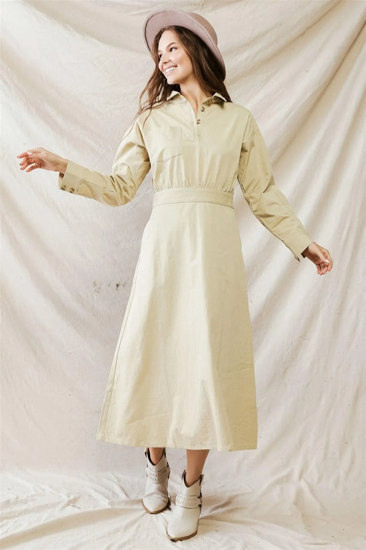 Beige Cotton Material Button-Up Collared Neck Maxi Dress /1-2-2-1 - Tasha Apparel Wholesale