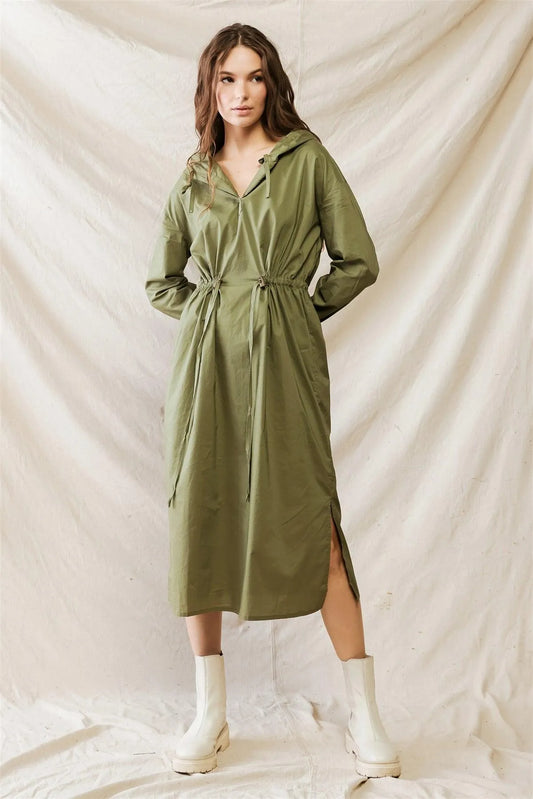 Olive Cotton Material Hooded Long Sleeve Midi Dress /1-2-2-1 - Tasha Apparel Wholesale