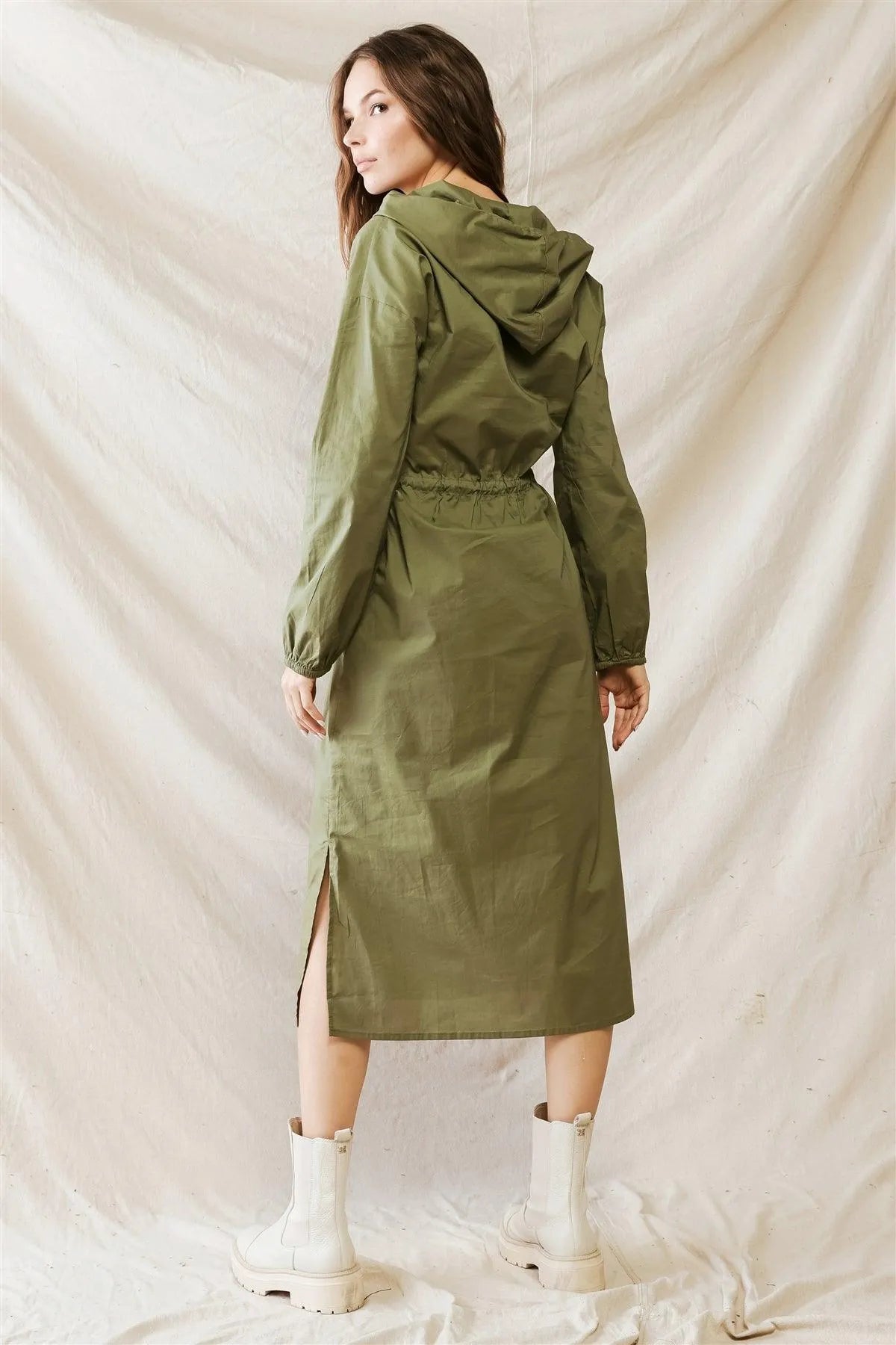Olive Cotton Material Hooded Long Sleeve Midi Dress /1-2-2-1 - Tasha Apparel Wholesale