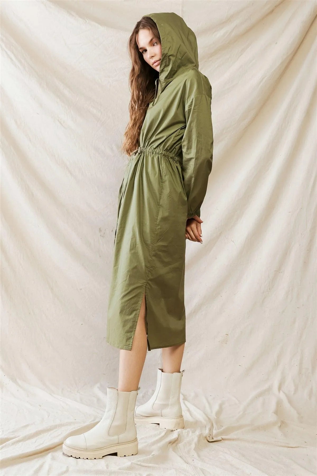 Olive Cotton Material Hooded Long Sleeve Midi Dress /1-2-2-1 - Tasha Apparel Wholesale