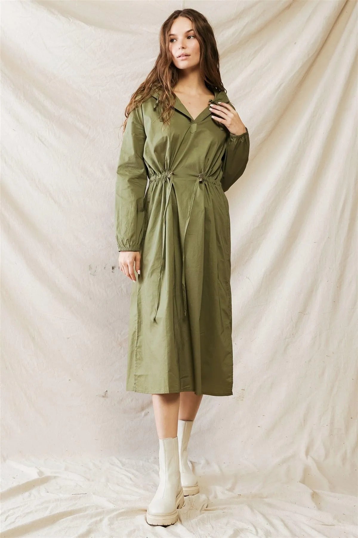 Olive Cotton Material Hooded Long Sleeve Midi Dress /1-2-2-1 - Tasha Apparel Wholesale