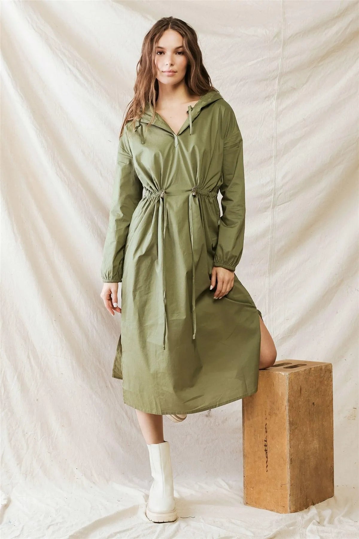 Olive Cotton Material Hooded Long Sleeve Midi Dress /1-2-2-1 - Tasha Apparel Wholesale