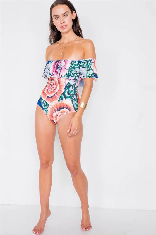 Multi Floral Off-The-Shoulder Flounce One Piece Bikini /1-1-1-1 - Tasha Apparel Wholesale