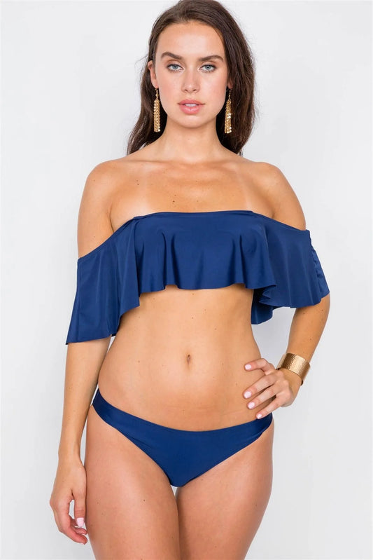 Royal Blue Solid Strapless Flounce 2 Piece Bikini - Tasha Apparel Wholesale