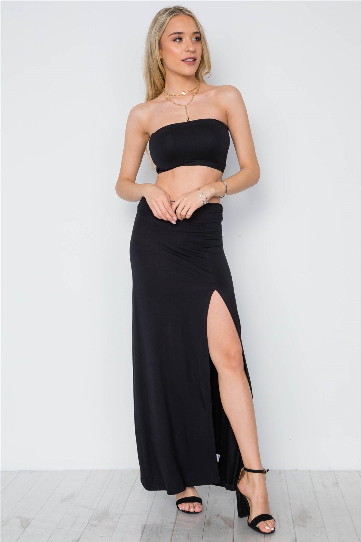 Black Solid Side Slit Mid-Rise Stretchy Maxi Skirt /2-2-2