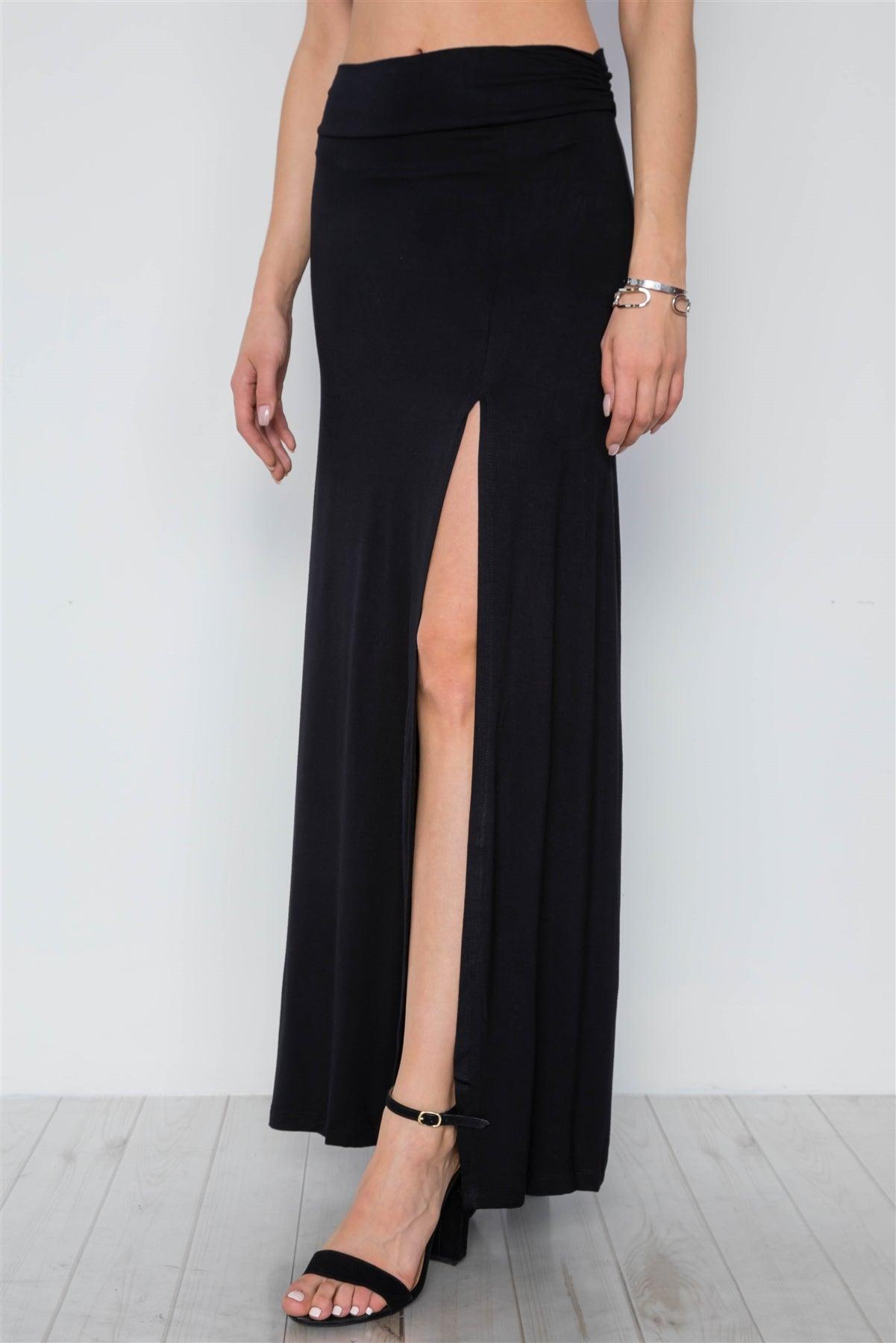 Black Solid Side Slit Mid-Rise Stretchy Maxi Skirt /2-2-2