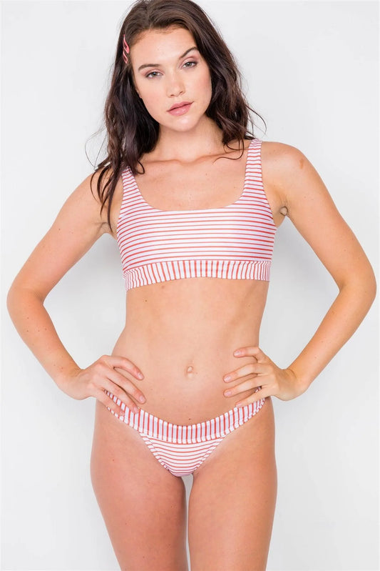 White & Red Striped Square Neckline Two Piece Bikini Set / 1-1-1 - Tasha Apparel Wholesale