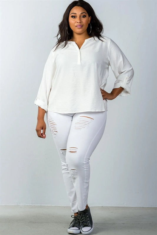 Plus Size Oatmeal Stand-Up Collar Roll Tab Sleeve Blouse /4-2 - Tasha Apparel Wholesale