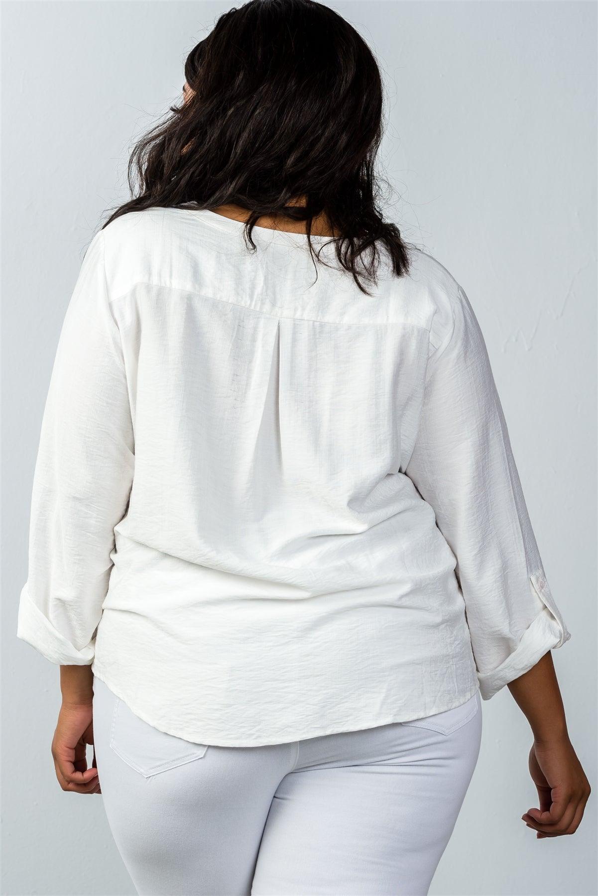 Plus Size Oatmeal Stand-Up Collar Roll Tab Sleeve Blouse