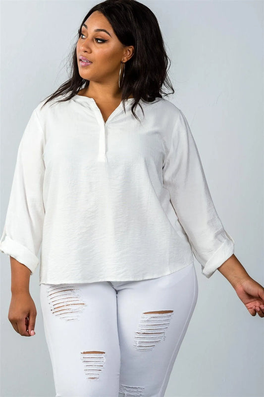 Plus Size Stand-Up Collar Roll Tab Sleeve Blouse - Tasha Apparel Wholesale