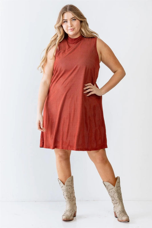 Junior Plus Rust And Nude Illusion High Neck Swing Dress /2-3-1 - Tasha Apparel Wholesale