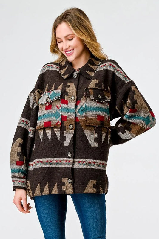 Brown Mix Tribal Print Button-Up Collared Neck Four Pocket Long Sleeve Jacket /1-2-2 - Tasha Apparel Wholesale
