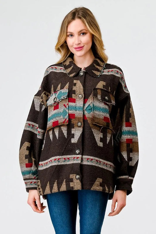 Brown Mix Tribal Print Button-Up Collared Neck Four Pocket Long Sleeve Jacket /2-2-2 - Tasha Apparel Wholesale