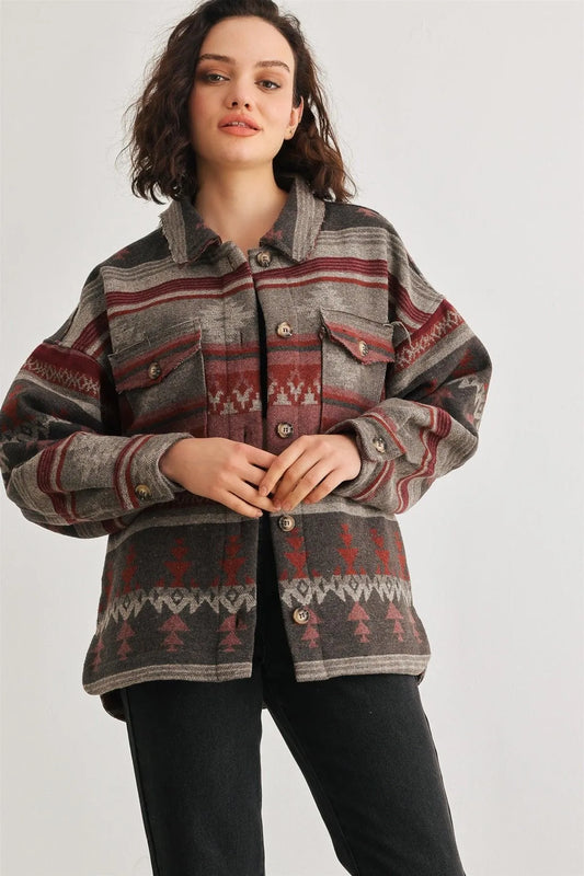 Grey Mix Tribal Print Button-Up Collared Neck Four Pocket Long Sleeve Jacket /2-2-2 - Tasha Apparel Wholesale