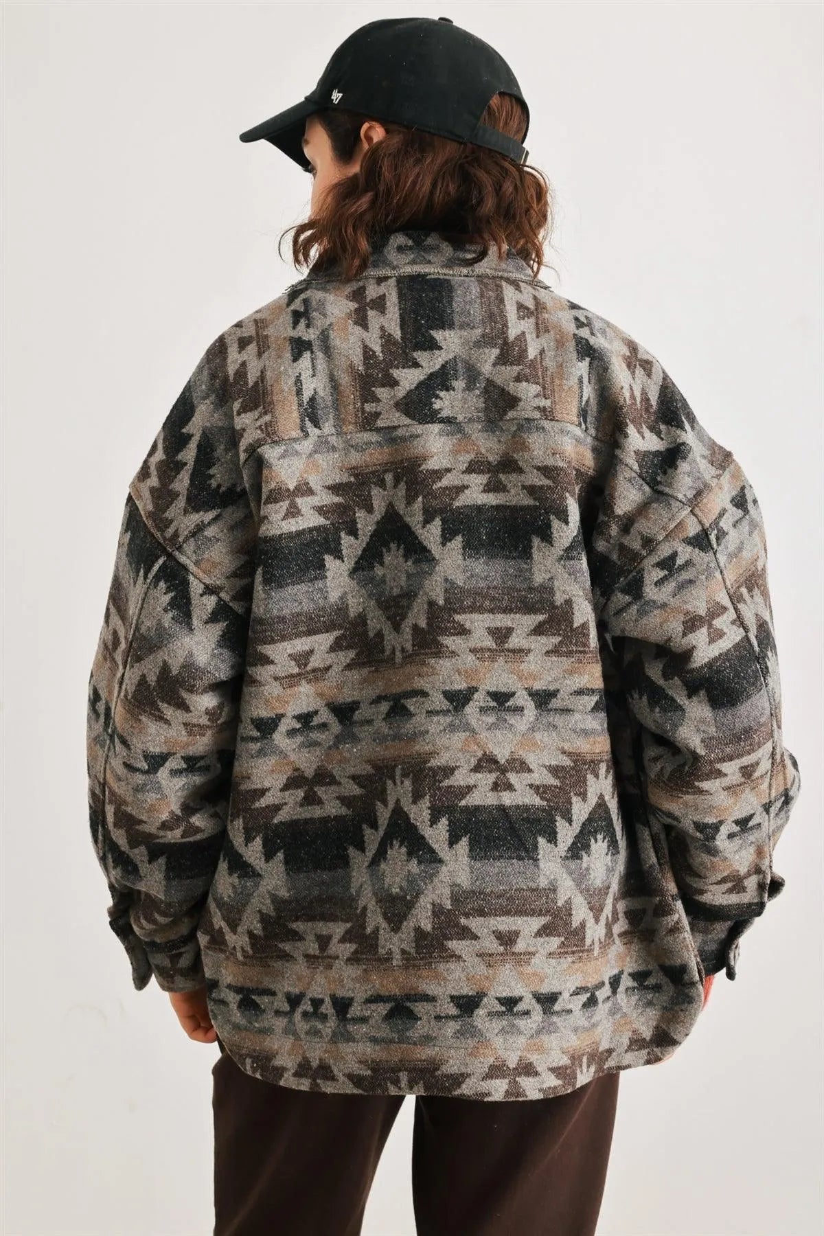 Heather Charcoal Tribal Print Button-Up Collared Neck Four Pocket Long Sleeve Jacket /2-2-2 - Tasha Apparel Wholesale