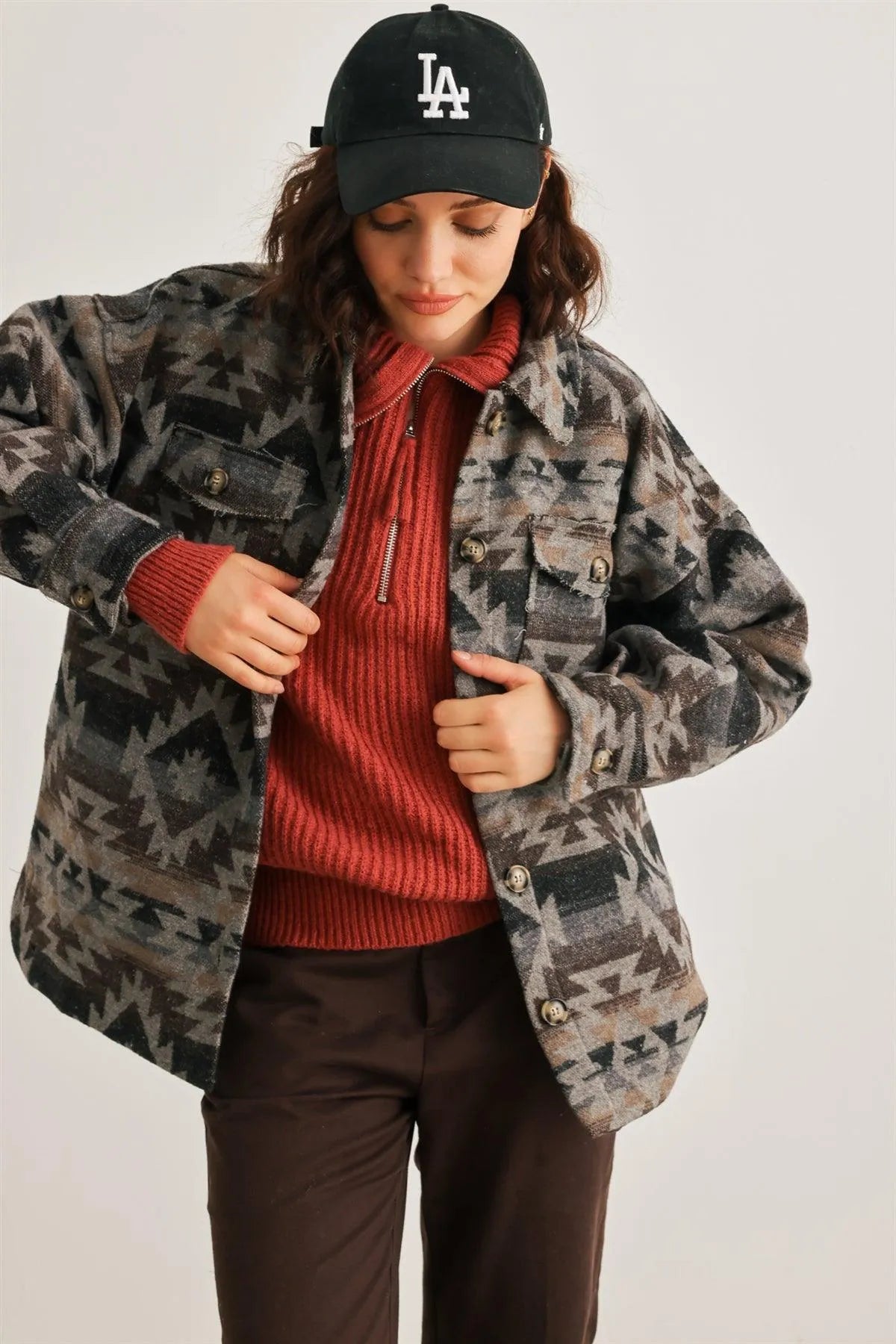 Heather Charcoal Tribal Print Button-Up Collared Neck Four Pocket Long Sleeve Jacket /2-2-2 - Tasha Apparel Wholesale