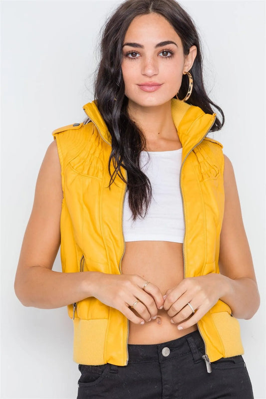 Mustard Funnel Neck Faux Leather Sleeveless Vest /2-2-2 - Tasha Apparel Wholesale