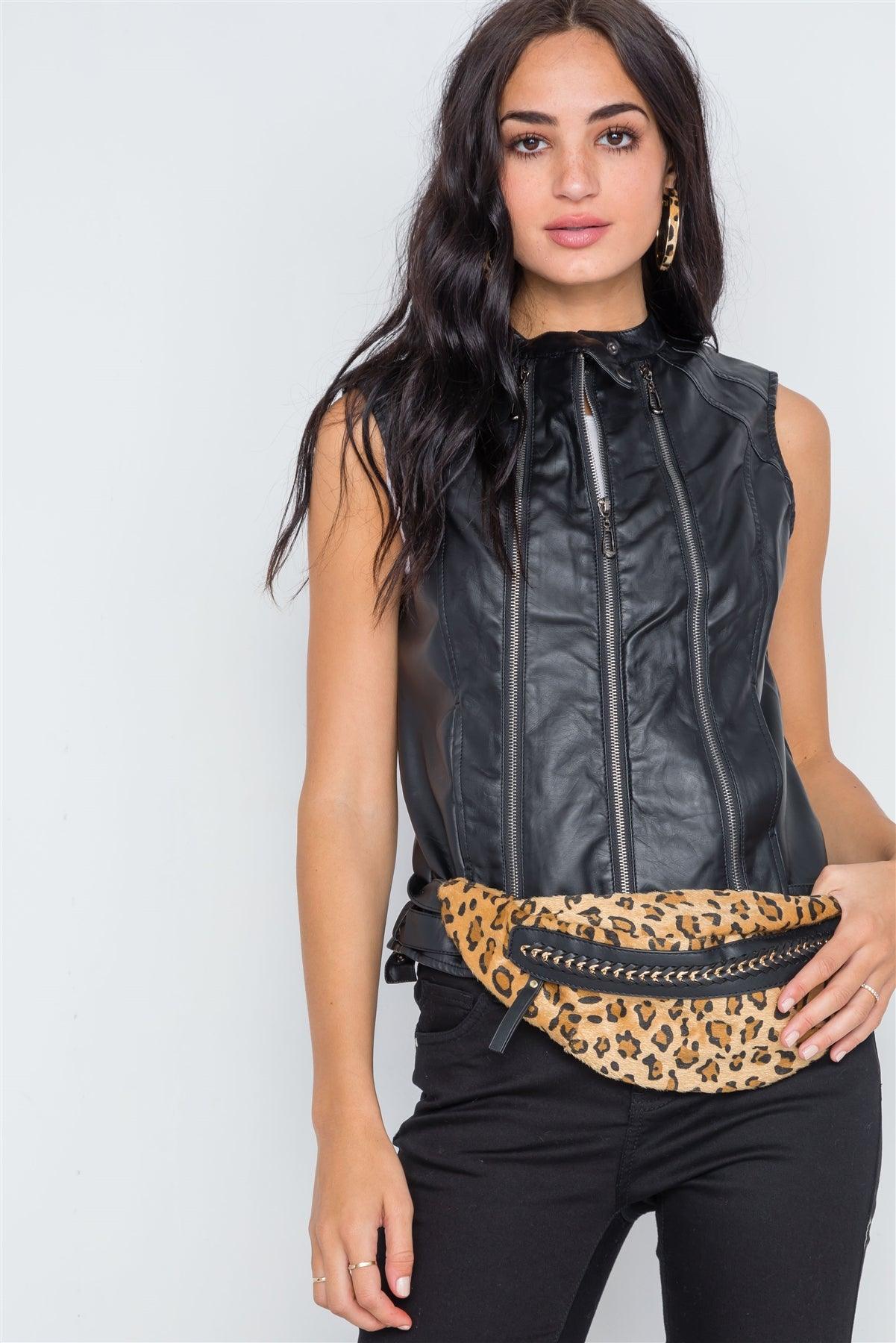 Black Faux Leather Triple Zip Moto Vest