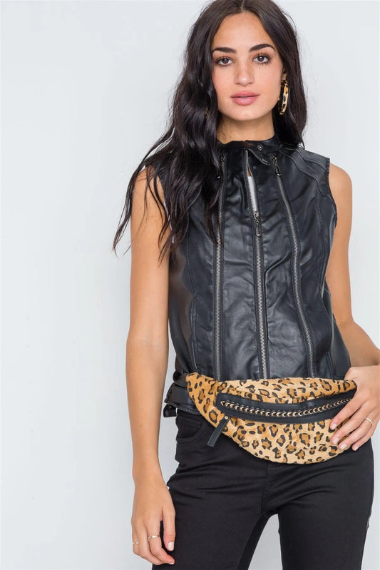 Black Faux Leather Triple Zip Moto Vest - Tasha Apparel Wholesale