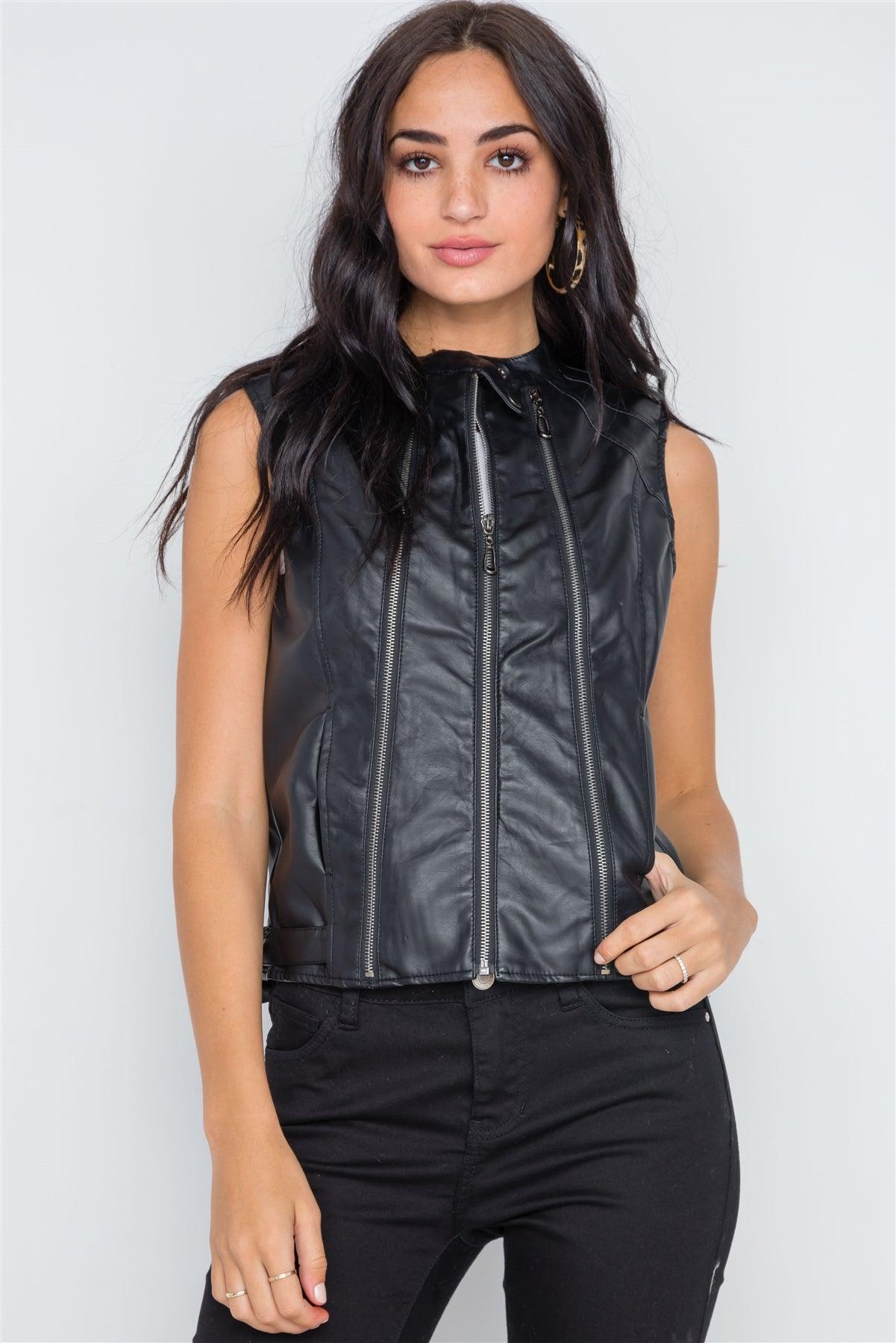 Black Faux Leather Triple Zip Moto Vest