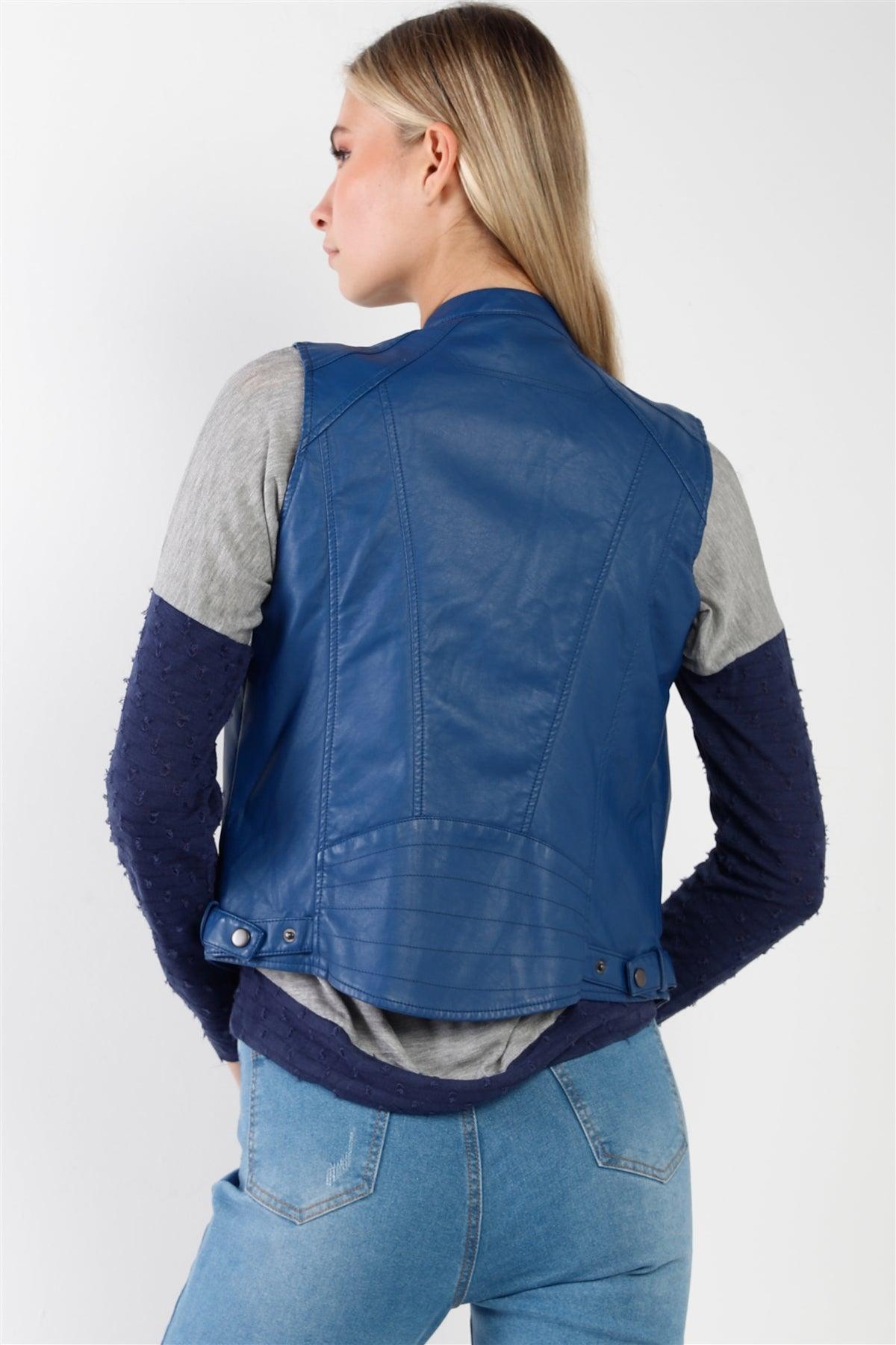 Blue Vegan Leather Faux Fur Lining Triple Zip-Up Detail Moto Vest /2-2-2