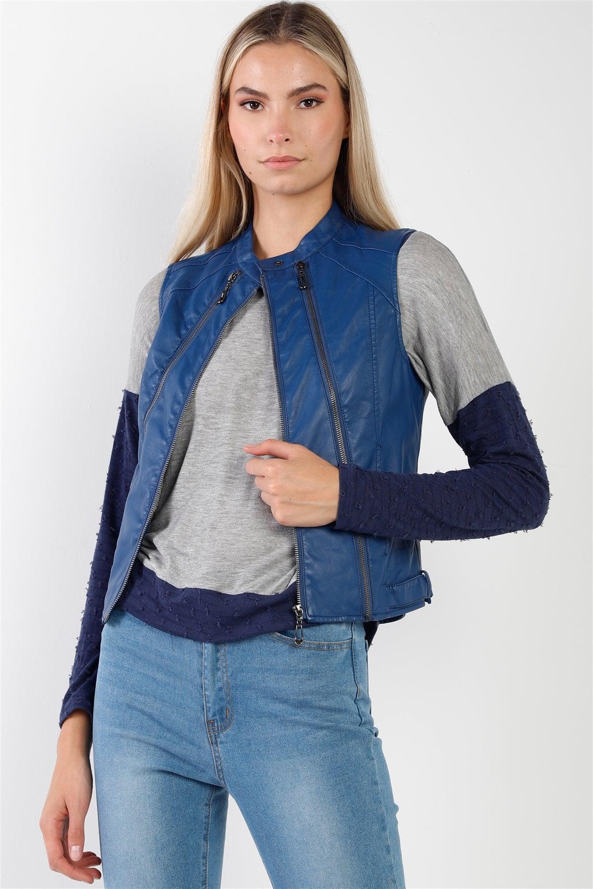 Blue Faux Leather Triple Zip Moto Vest
