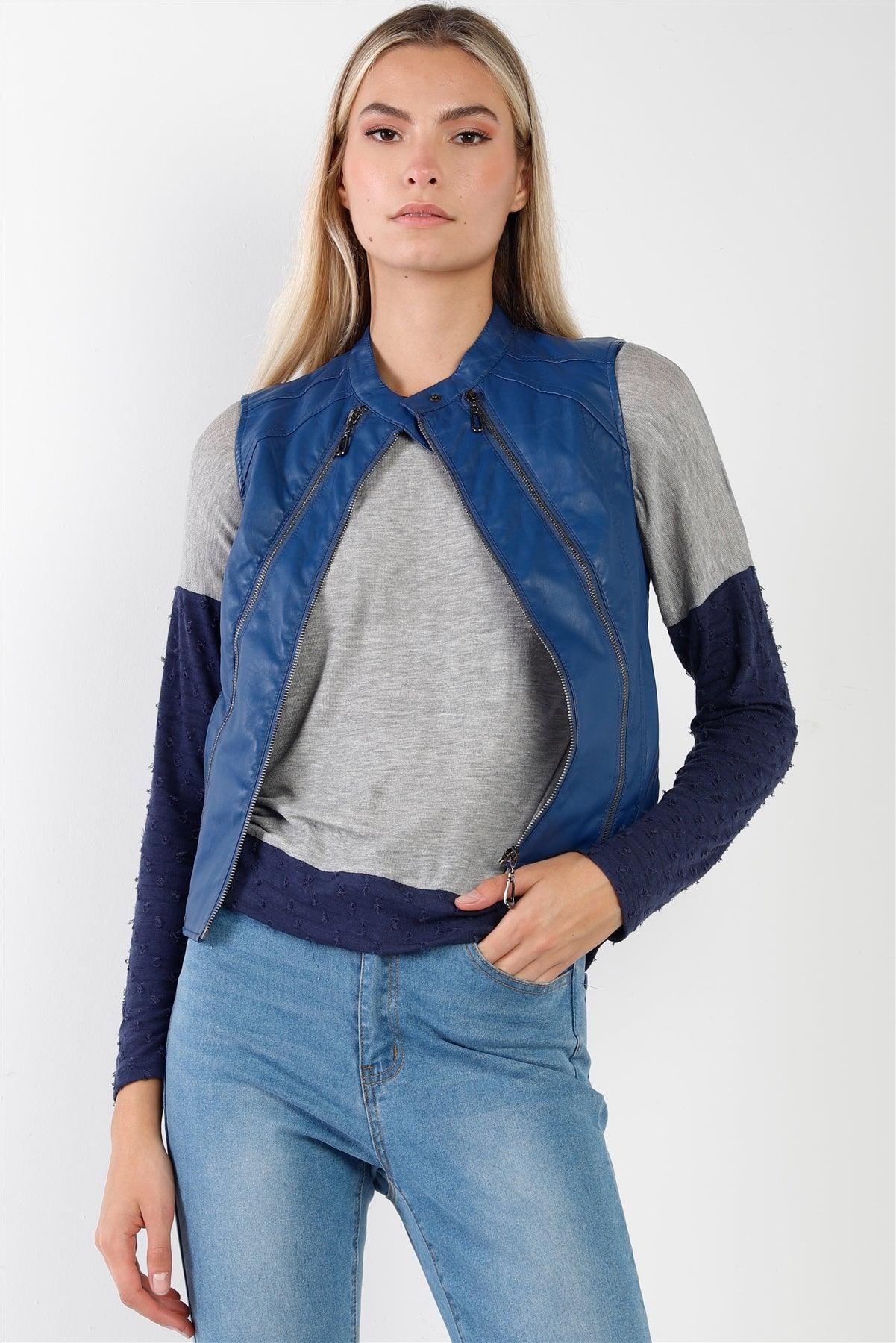 Blue Faux Leather Triple Zip Moto Vest