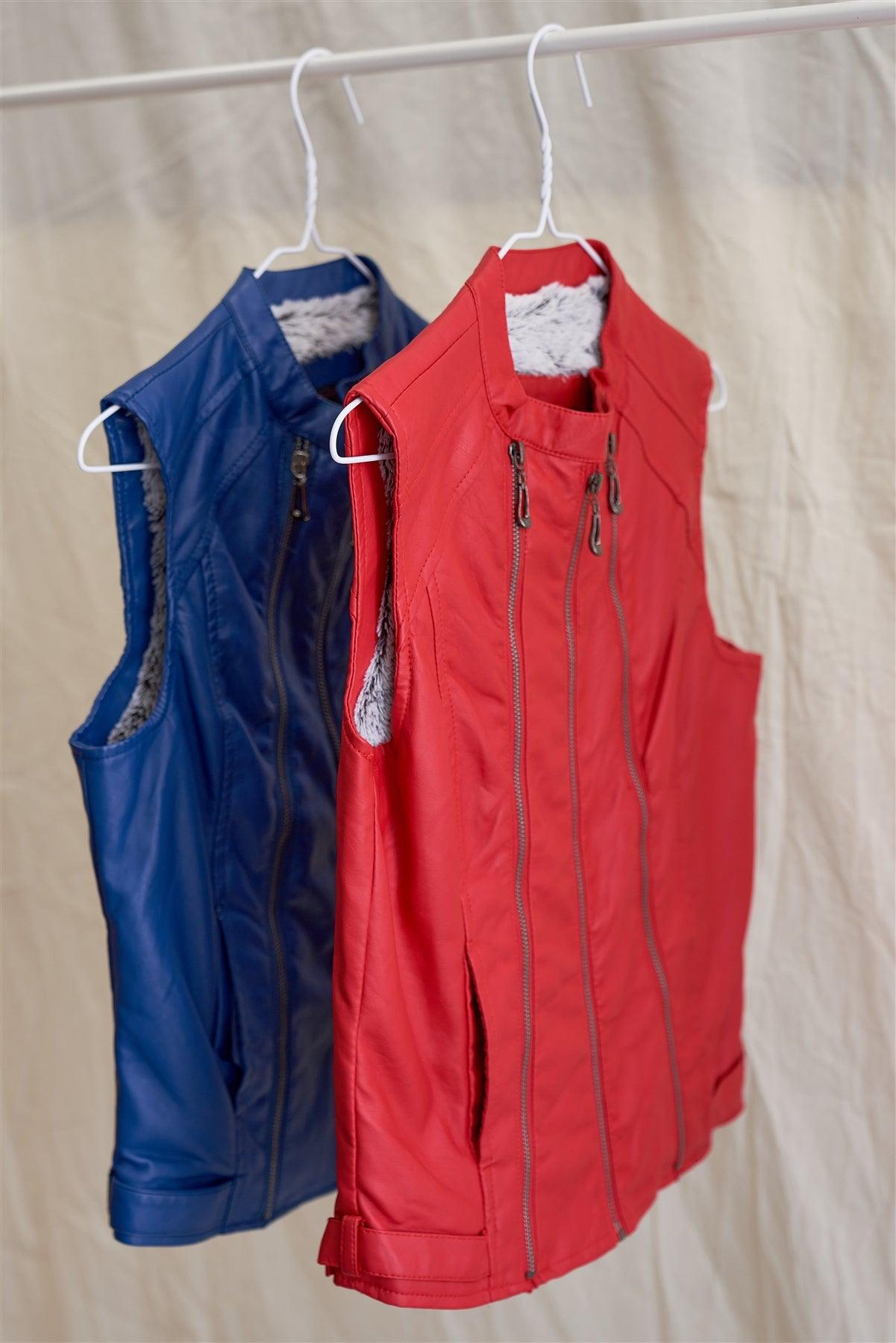 Red Vegan Leather Faux Fur Lining Triple Zip-Up Detail Moto Vest /2-2-2