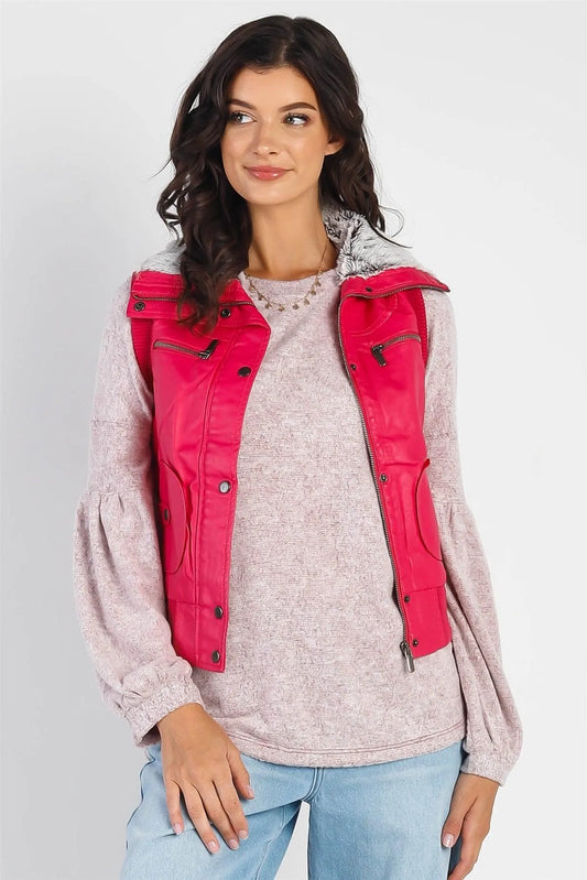 Fuchsia Funnel Neck Zip-Up Vest - Tasha Apparel Wholesale