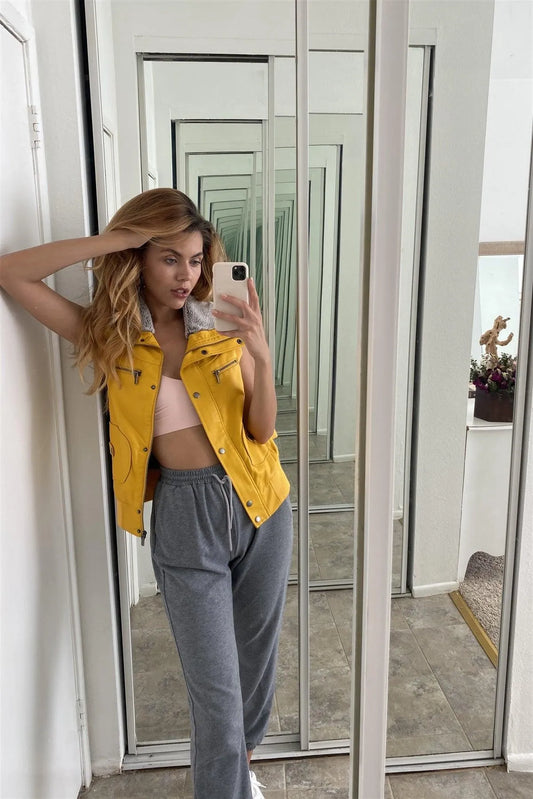 Mustard Vegan Leather Funnel Neck Faux Fur Lining Zip-Up Vest /3-2-2 - Tasha Apparel Wholesale