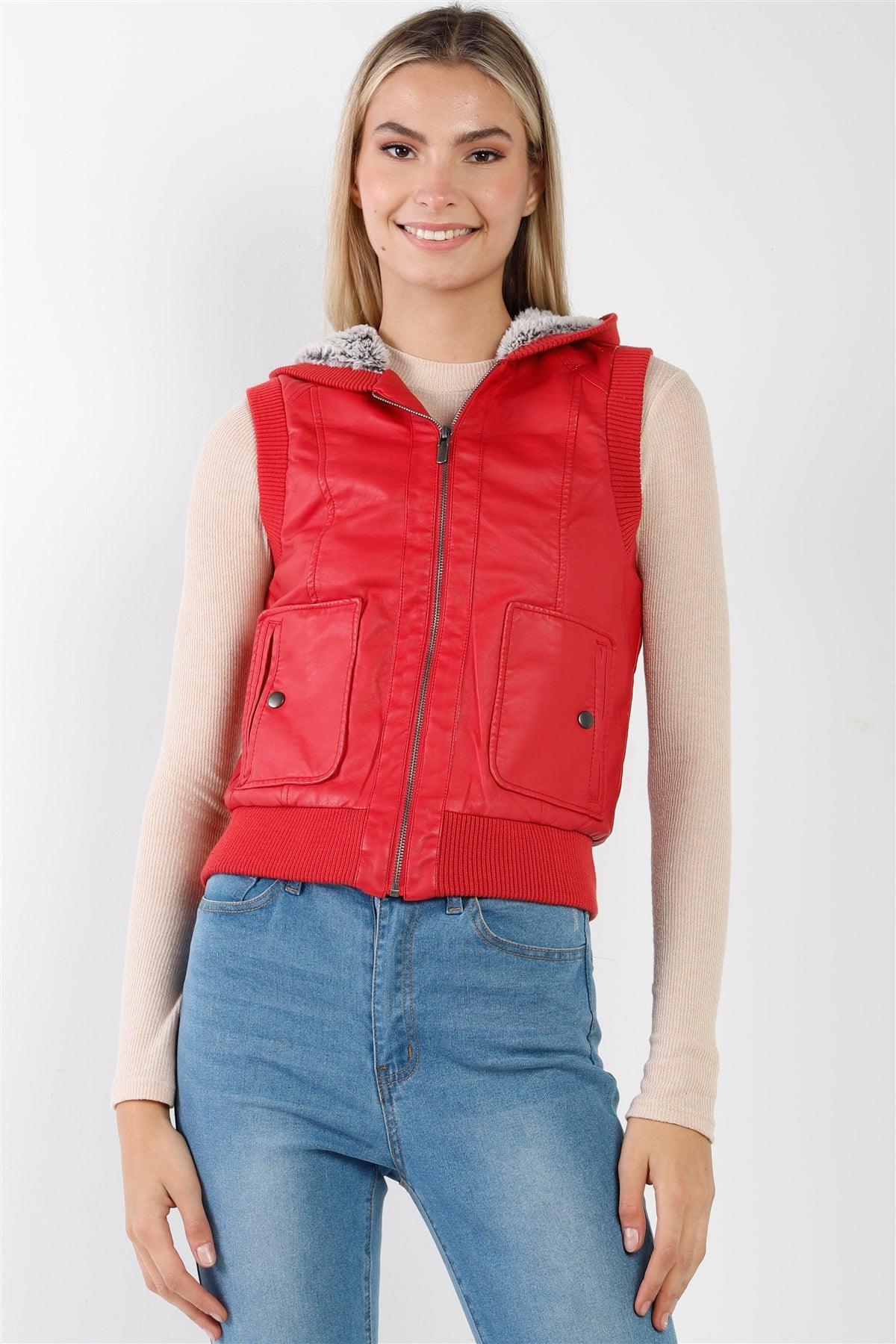 Red Faux Leather Faux Fur Detail Zip-UP Hooded Vest /1-2-2
