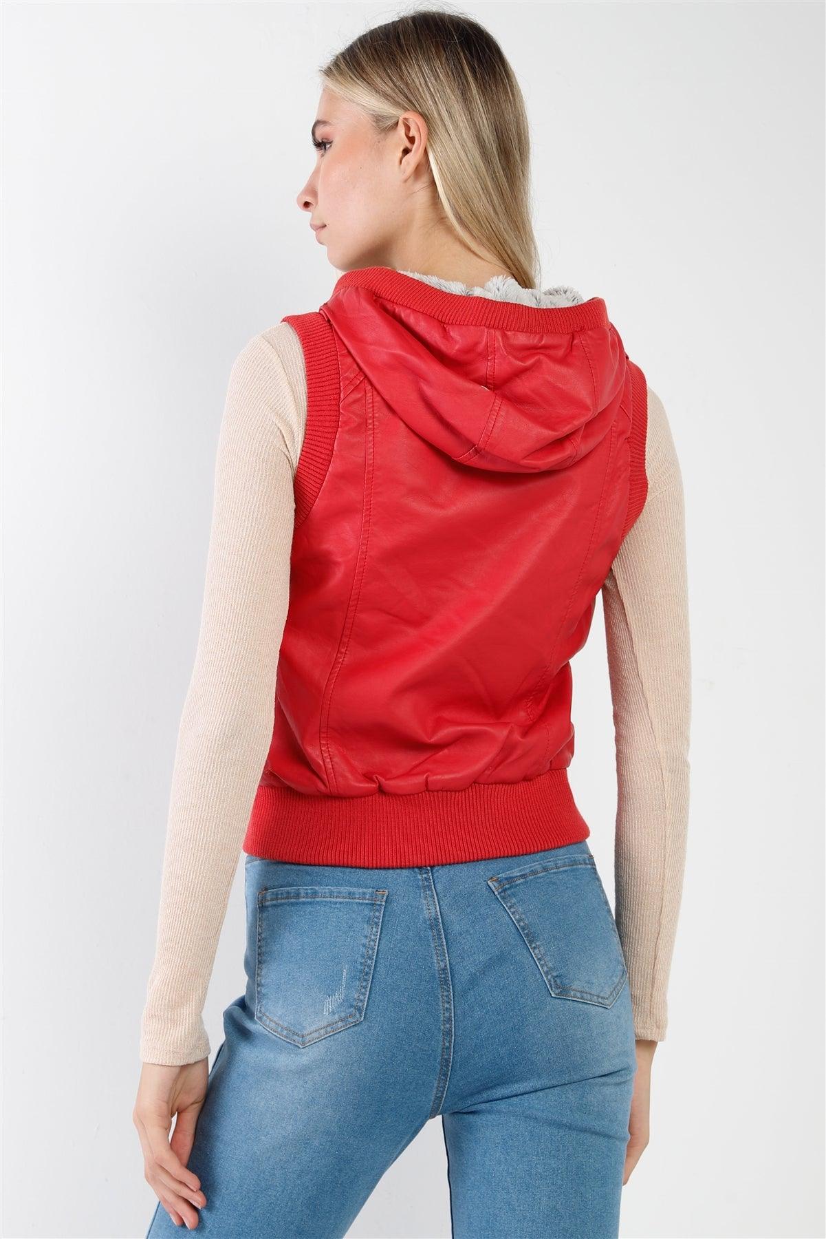 Red Faux Leather Faux Fur Detail Zip-UP Hooded Vest /1-2-2