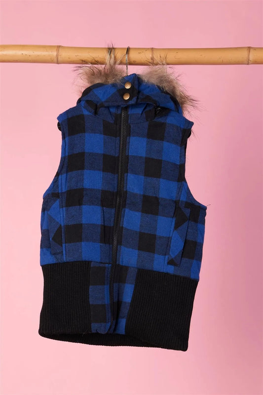 Girls Toddler Black and Blue Checkered Fur Vest - Tasha Apparel Wholesale