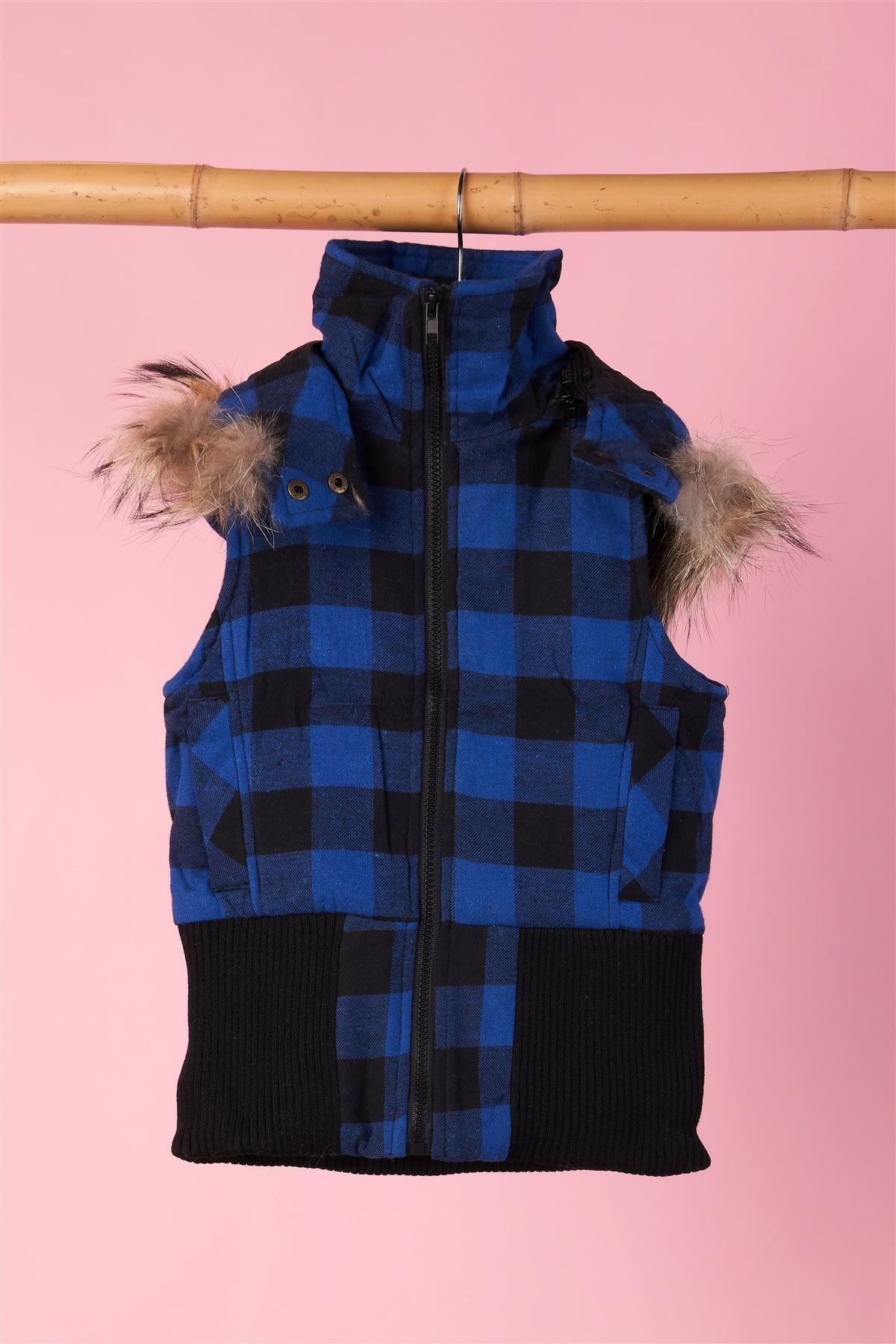 Girls Toddler Black and Blue Checkered Fur Vest