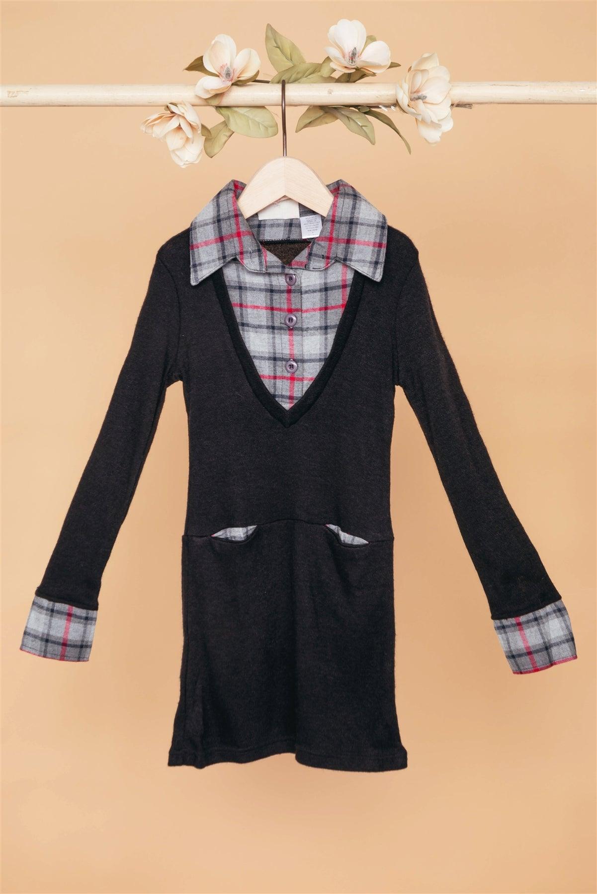 Girls Black Charcoal Combo Plaid Sweater Dress /1-1-1-1-1-1