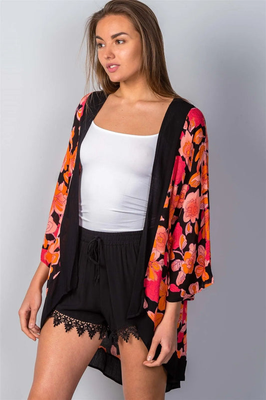 Black Red Floral Print Wide Sleeves Flowy Kimono /2-2-1 - Tasha Apparel Wholesale