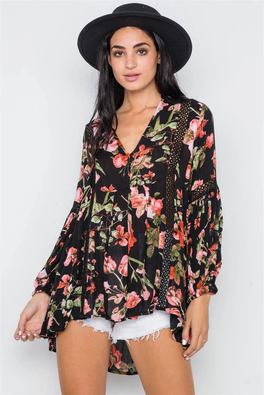 Black Floral V-Neck High Low Crochet Trim /1-3-2-1 - Tasha Apparel Wholesale