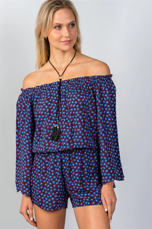 Navy & Floral Print Off-The-Shoulder Romper /2-2-1 - Tasha Apparel Wholesale