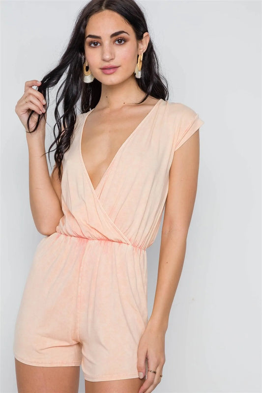 Light Peach Plunging Neckline Romper /2-2-1 - Tasha Apparel Wholesale