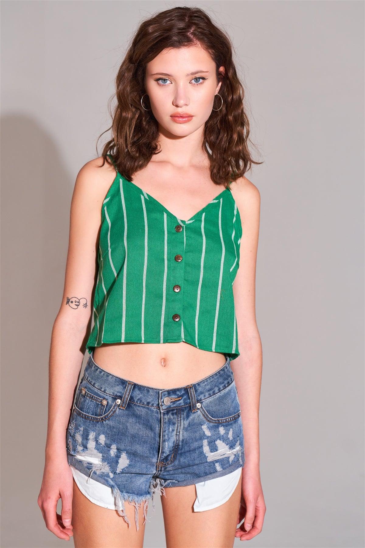 Green & White Striped Sleeveless V-Neck Button-Down Front Crop Top /2-2-2