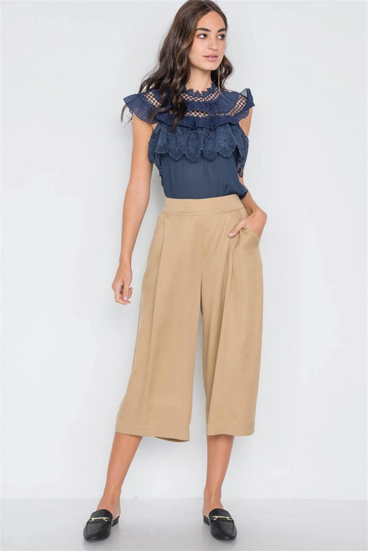 Khaki High Waist Cropped Wide Leg Pants /1-1-2-1 - Tasha Apparel Wholesale